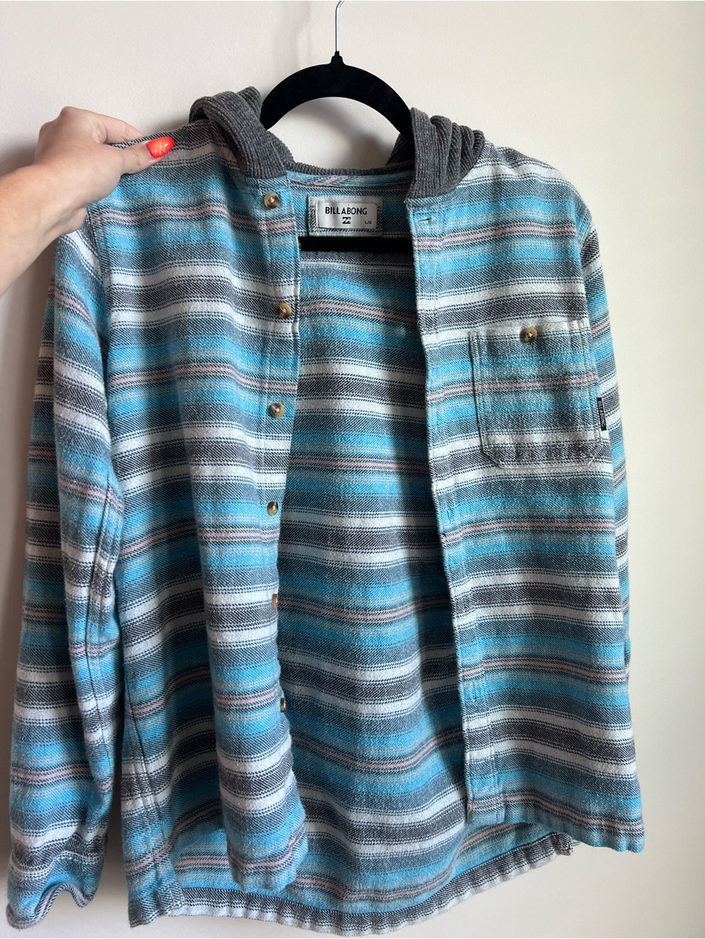 Billabong striped cotton hooded baja flannel Teal, cream, Gray, salmon